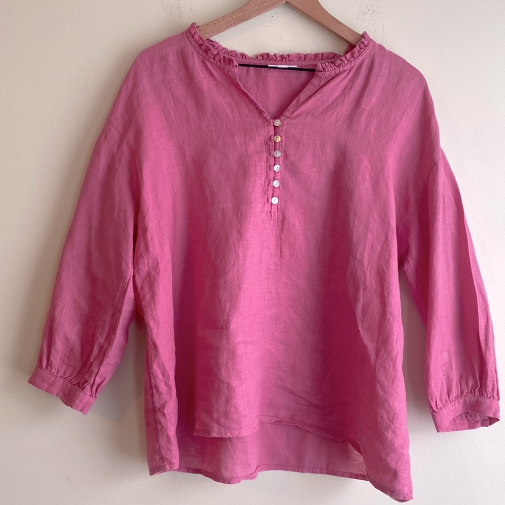 J Jill Love Linen Ruffle Neck Peasant Linen Top